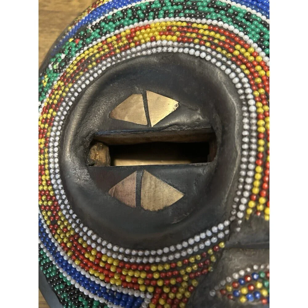 African Beaded Wall Mask Bamileke Style Cameroon Hand Carved Wood Tribal Art